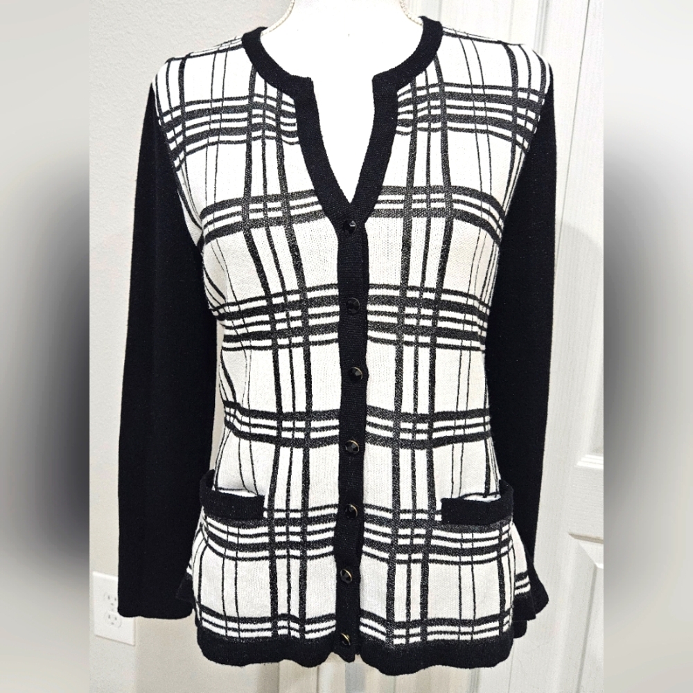 JONES NY glitter plaid jewel cardi SZ MP